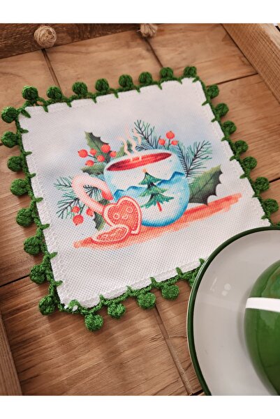 Runner Supla Home Fincan Temalı El İşlemeli Kahve Yanı Sunum Peçetesi 15x15 c...