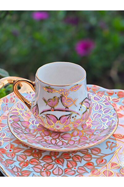manushum El Boyama Porselen Osmanlı Kuşlu Saray Kahve Fincanı-Pembe 1 Adet