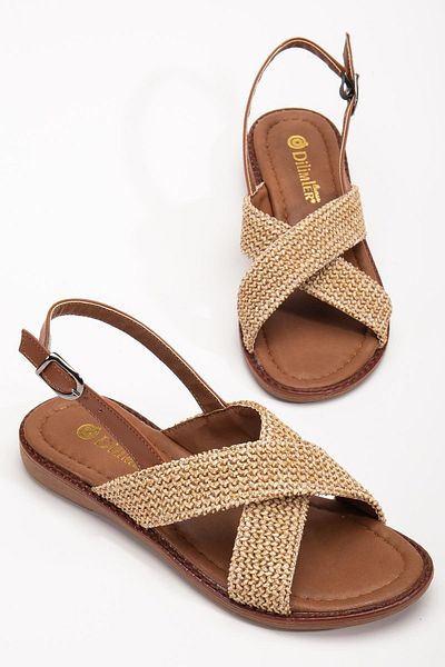 Dilimler Ayakkabı Women's Flat Heeled Sandals Beige Straw Cross Strap
