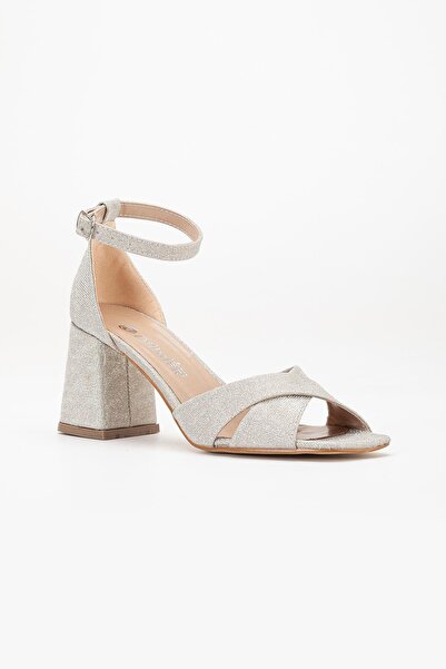 Dilimler Ayakkabı Large Size Women's Heeled Sandals with Cross Gold Band Baretli