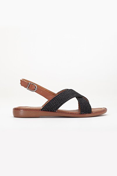 Dilimler Ayakkabı Women's Flat Heeled Sandals Black Straw Cross Strap