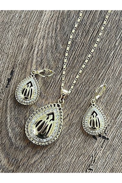 Büyük Hanım Allah Pattern Water Drop Necklace Earring Set
