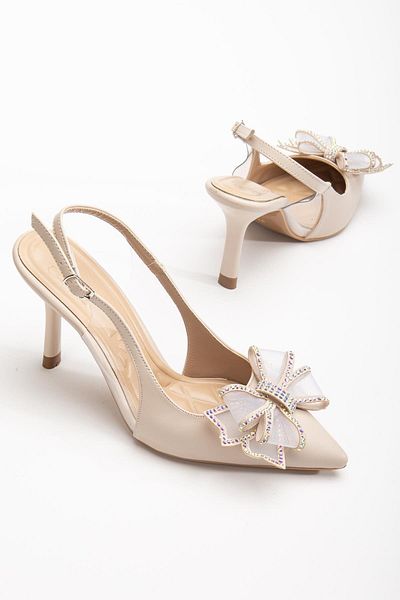 Dilimler Ayakkabı Women's Evening Dress Heeled Shoes - Skin Side Transparent Stone Bow