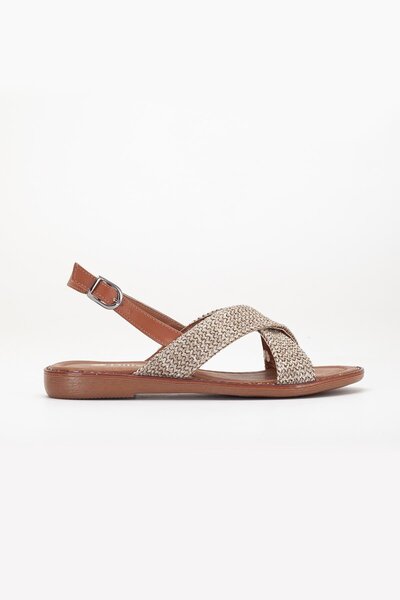Dilimler Ayakkabı Women's Flat Heeled Sandals Mink Straw Cross Strap