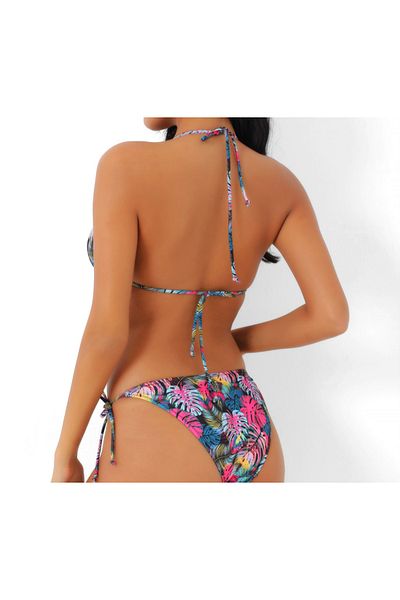 ibeeka Palm Pattern Triangle Drawstring Bikini Set Multicolor Trend