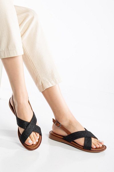 Dilimler Ayakkabı Women's Flat Heeled Sandals Black Straw Cross Strap