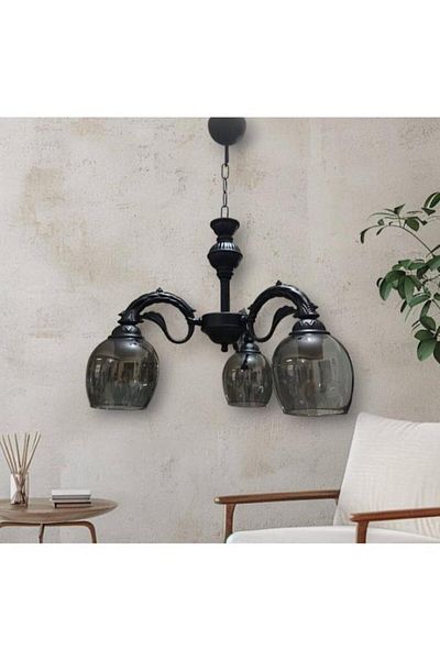 DEDE Triple Riga Black Chandelier with Downward Looking Smoked Color Glass