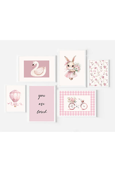 CKA Tasarım Pembe Vintage Kız Çocuk ve Bebek Odası Çoklu Tablo Seti, Çocuk Od...