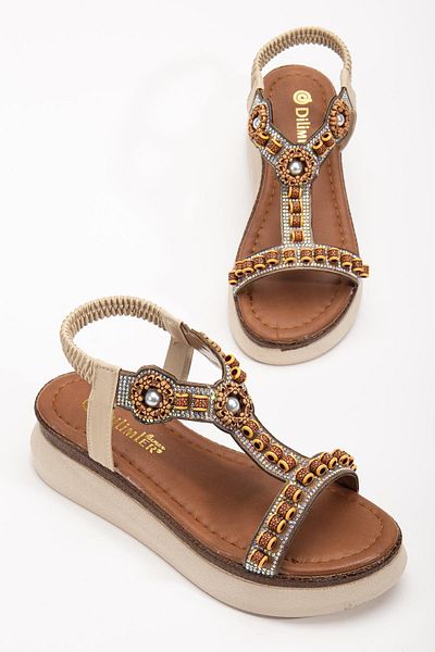 Dilimler Ayakkabı Women's Wedge Heel Sandals Beige Beaded Embroidered Elastic Band