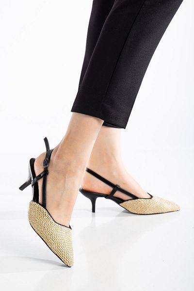 Dilimler Ayakkabı Women's Smart Heeled Shoes - Black Straw, Thin Heel, Side Pole