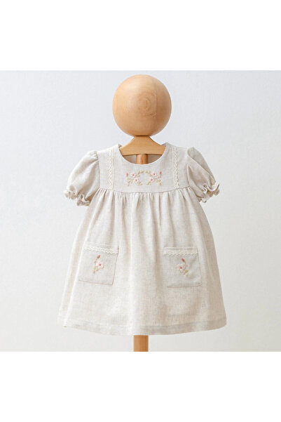Momercy Nakışlı Keten Kız Bebek Elbise
