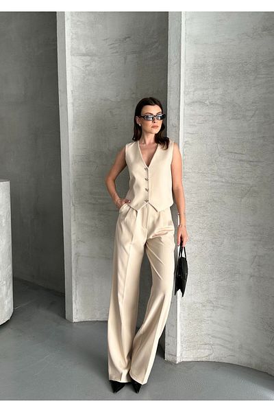 aytenli Double Fabric Bow Button Lined Vest Front Pleated Pocket Half Elastic Waist Wide Pants Suit