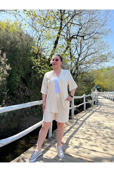 MJORA Plus Size Kimono & Shorts Knitted Set