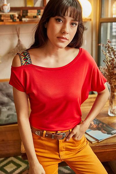 Olalook Women's Red One Shoulder Ethnic Garnished Blouse BLZ-19000194