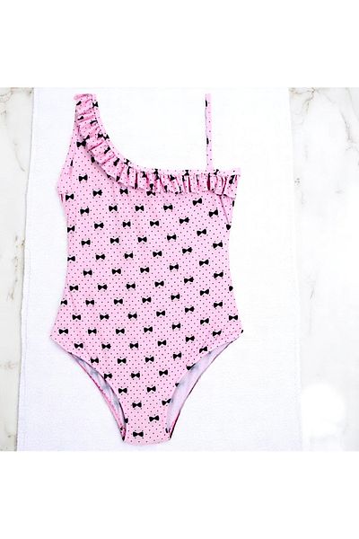 Lolliboomkids Girl's Ruffled Thin Strap One Shoulder Powder Pink Color Swimsuit