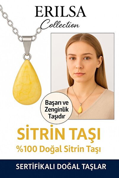 Erilsa Sertifikalı Damla Model Sitrin Taşı Kolye Bolluk, Neşe ve Pozitif Enerji Taşı