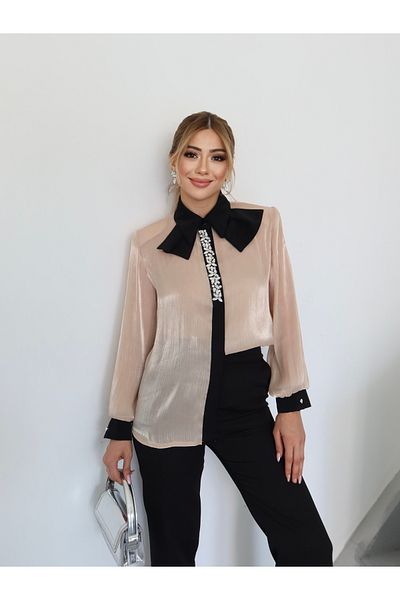 1Moda1Tarz Women's Top Imported Yoryo Chiffon Fabric Collar Detail Stone Embroidery Shirt Inner Blouse Bottom Pants Three Piece Set