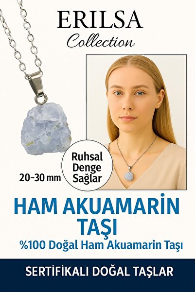 Erilsa Sertifikalı Ham İşlenmemiş Akuamarin Taşı Kolye Sakinlik, Akış ve İfade Gücü Taşı