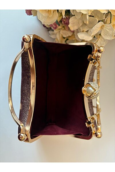 Ceylan Simli Mürdüm Rengi Abiye Şal & Çanta Takımı