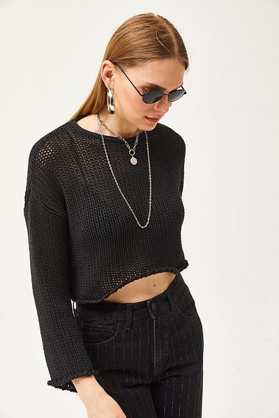 Olalook Women's Black Dirty Collar Openwork Crop Cotton Knitwear Blouse BLZ-19002560