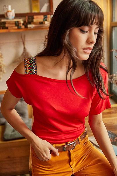 Olalook Women's Red One Shoulder Ethnic Garnished Blouse BLZ-19000194