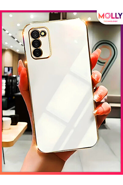 Molly Samsung Galaxy A02s İçin İnci Beyazı Kenarları Gold Detaylı Lüks Siliko...