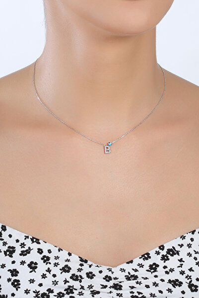 SARIASLAN B Harfli Rodyumlu Nazarlı Gümüş Kadın Kolye