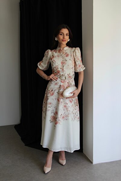 Julidress Φόρεμα λινό με λουλουδάτο σχέδιο με κουμπιά με γιακά με ζώνη μίντι μήκους Premium σχέδιο