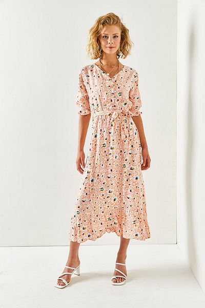 Olalook Women's Salmon White Buttoned Belted Sleeve Detailed Woven Viscose Dress ELB-19001524