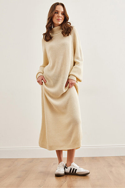 Olalook Kadın Ekru Balıkçı Yaka Maxi Triko Elbise ELB-19002300