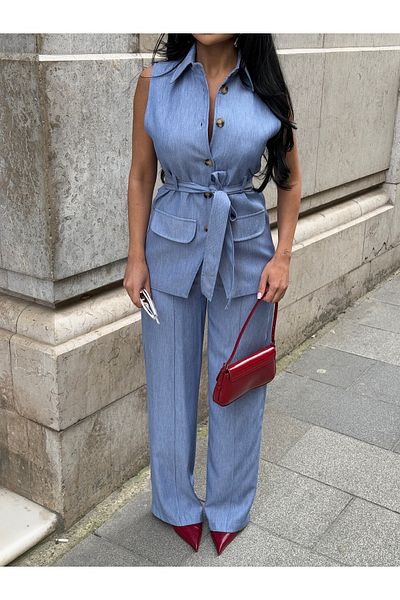 LB Laluna Butik Set vestă și pantaloni pentru femei, cu aspect denim