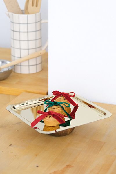 Beige & Stone Square Gold Steel Serving/ Presentation Tray with Wooden Legs