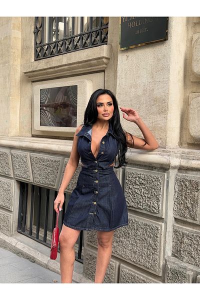 LB Laluna Butik Rochie de damă bleumarin cu nasturi în față, cu detaliu în talie