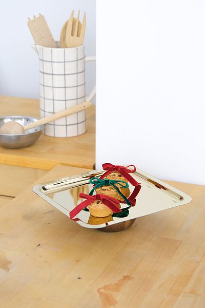 Beige & Stone Square Gold Steel Serving/ Presentation Tray with Wooden Legs