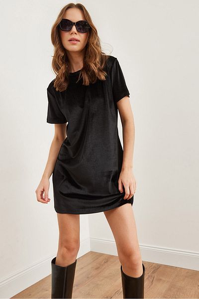 Olalook Schwarzes Basic-Minikleid aus Samt mit Rundhalsausschnitt für Damen ELB- 19002304