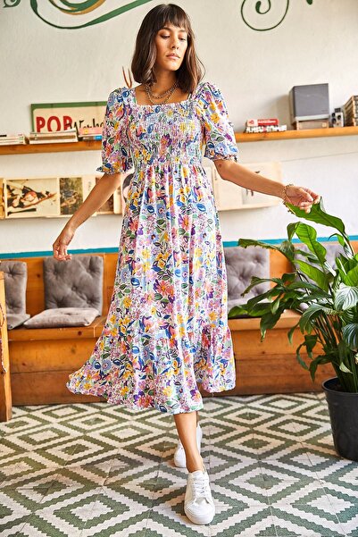 Olalook Γυναικείο πολύχρωμο ελαστικό casual υφασμένο φόρεμα βισκόζης ELB-19001483