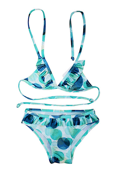 Lolliboomkids Girl's Ruffle Detailed Triangle Tie-Up Green Geometric Patterned Bikini Set