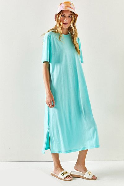 Olalook Γυναικείο Βαμβακερό Μέντα Πράσινο Oversize φόρεμα με σκίσιμο στο πλάι ELB-19001880