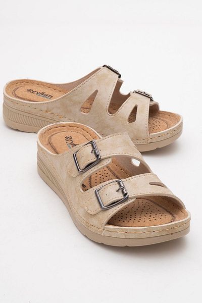 Melek Tuna Women's Anatomical Sole Wedge Heeled Orthopedic Slippers, Women's Orthopedic Double Buckle Slippers