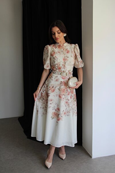 Julidress Φόρεμα λινό με λουλουδάτο σχέδιο με κουμπιά με γιακά με ζώνη μίντι μήκους Premium σχέδιο