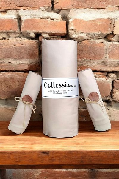 COLLESSİA Beige Color 100% Cotton Satin Fitted Double Elastic Sheet Set