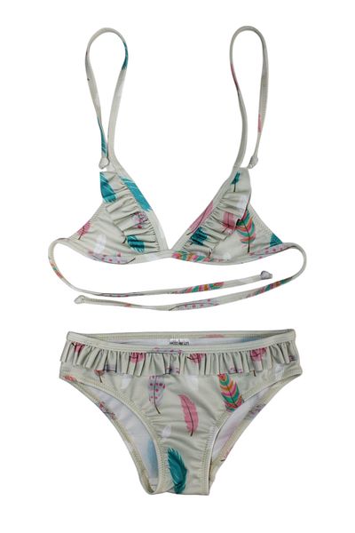 Lolliboomkids Girl's Ruffle Detailed Triangle Tie Feather Pattern Printed Bikini Set