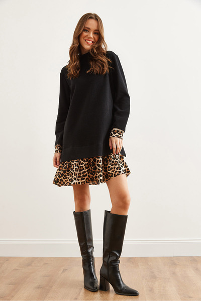 Olalook Kadın Siyah Leopar Garnili Selanik Elbise ELB-19000965