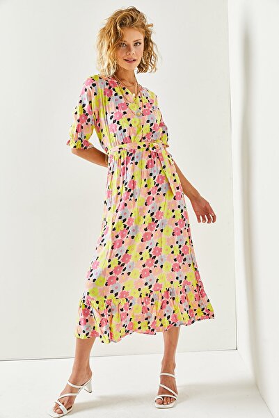 Olalook Women's Yellow Pink Buttoned Belted Sleeve Detailed Woven Viscose Dress ELB-19001524