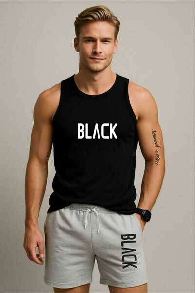 TREND ALİSSE 2li Takım ERKEK BERMUDA Şort Ve Atlet-cepli Black Baskılı Spor Şort Atlet