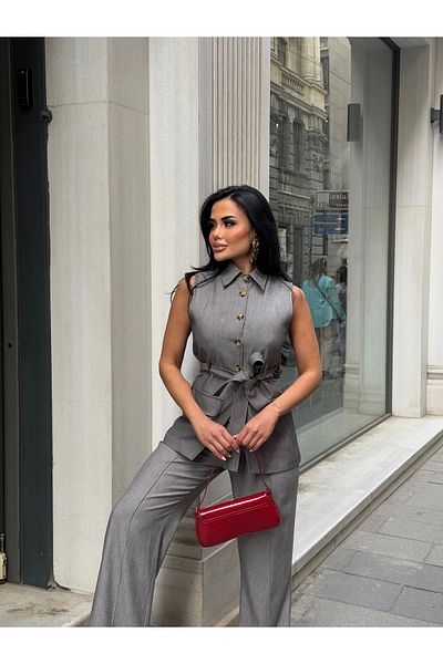 LB Laluna Butik Women's Tie Waist Vest and Pants Set, Denim Look Fabric