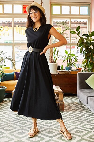 Olalook Dámské černé elastické netopýrové netopýrové česané bavlněné šaty ELB-19001509