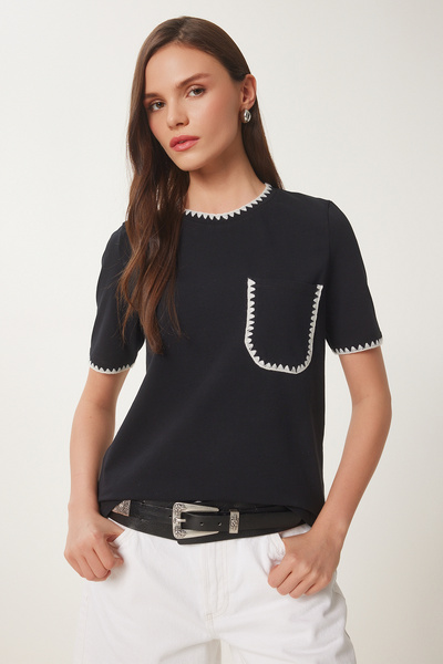 Lovelyİstanbul Μαύρο πλεκτό μπλουζάκι με ρίγες αντίθεσης LTP0013