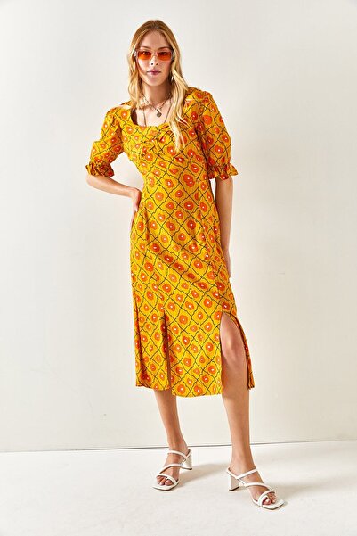 Olalook Women's Mustard Sweetheart Collar Double Slit Woven Viscose Dress ELB-19001936