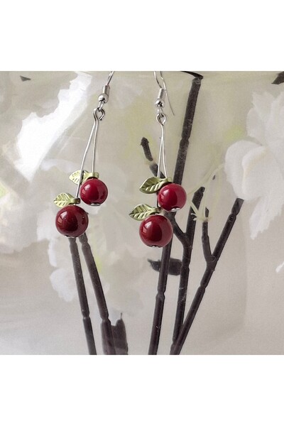 azra takı tasarım Handmade Red Burgundy Cherry Earrings